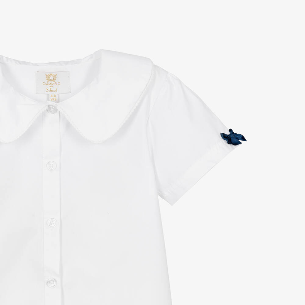 Caramelo Kids-Girls White School Blouse with Navy Blue Bows | Childrensalon