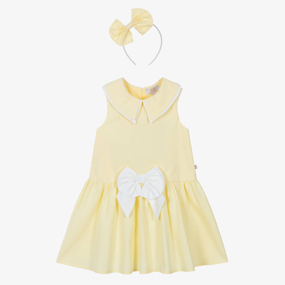 Caramelo Kids-Girls Yellow Cotton Dress & Hairband Set | Childrensalon