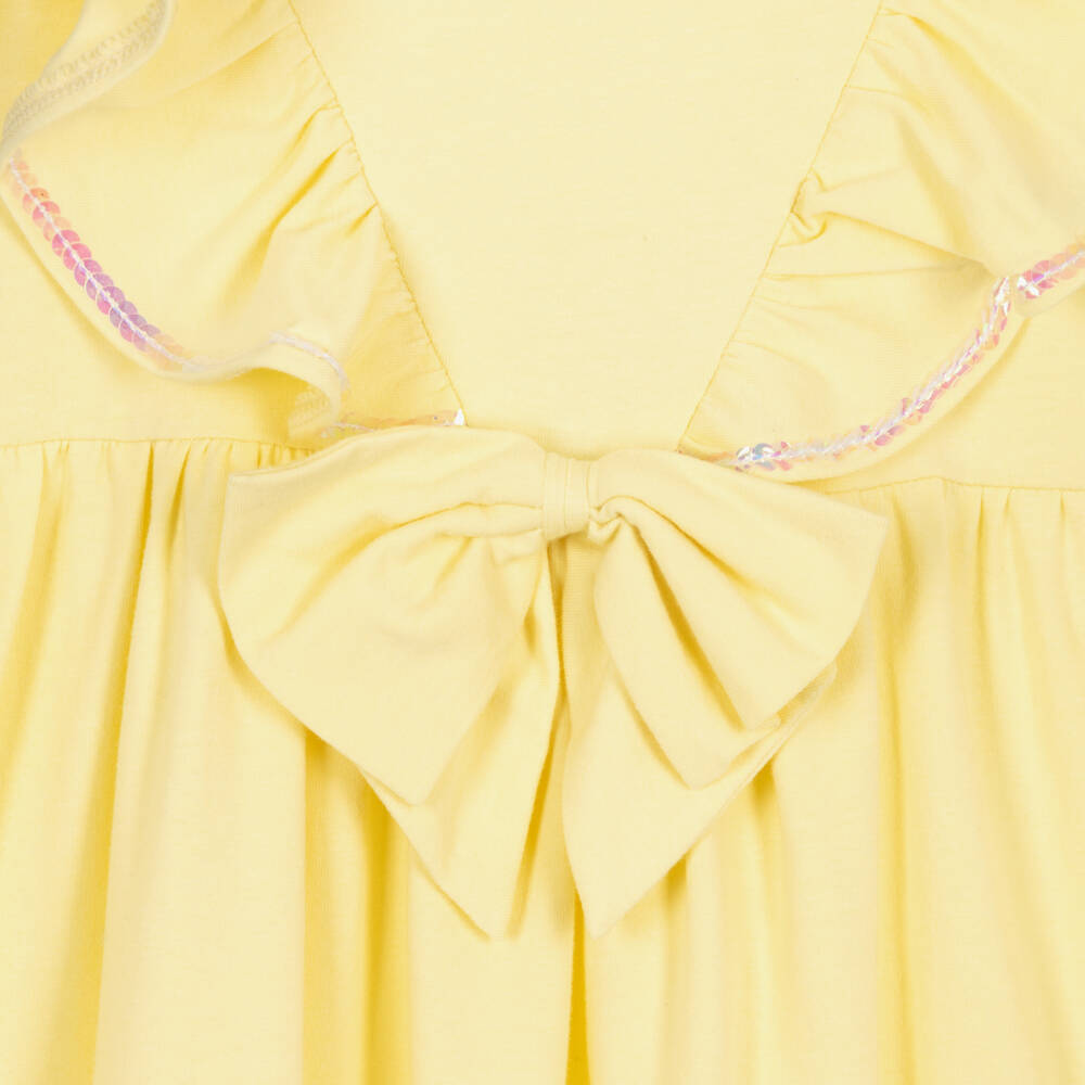 Caramelo Kids-Girls Yellow Cotton Jersey Dress with Sequin Ruffle Trim | Childrensalon
