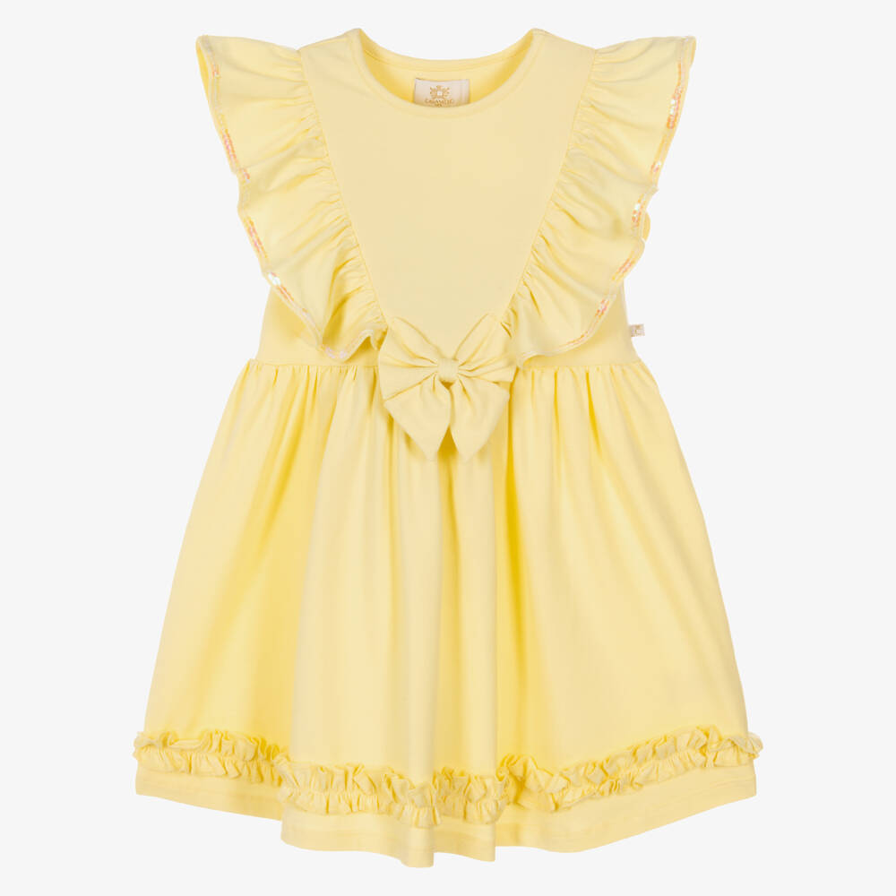 Caramelo Kids-فستان قطن جيرسي مزين بكشكش وترتر لون أصفر للبنات | Childrensalon