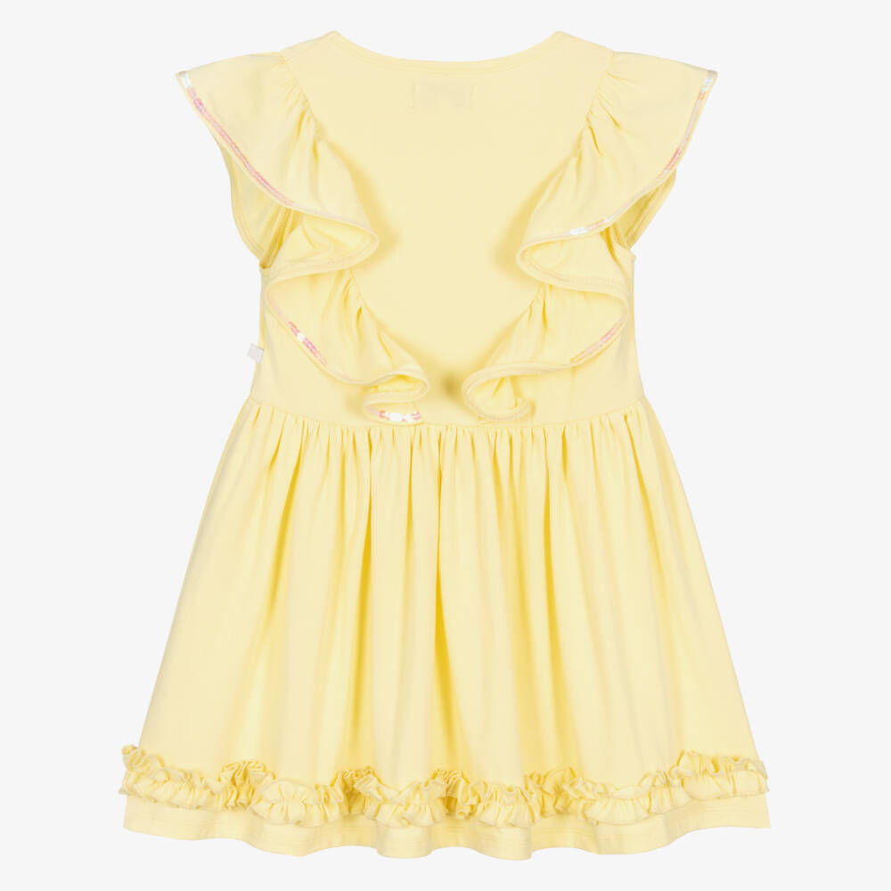 Caramelo Kids-Girls Yellow Cotton Jersey Dress with Sequin Ruffle Trim | Childrensalon