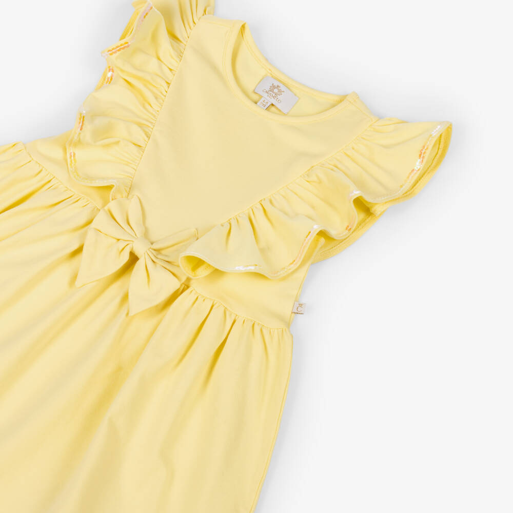Caramelo Kids-Платье желтое хлопковое с оборками с пайетками для девочек | Childrensalon