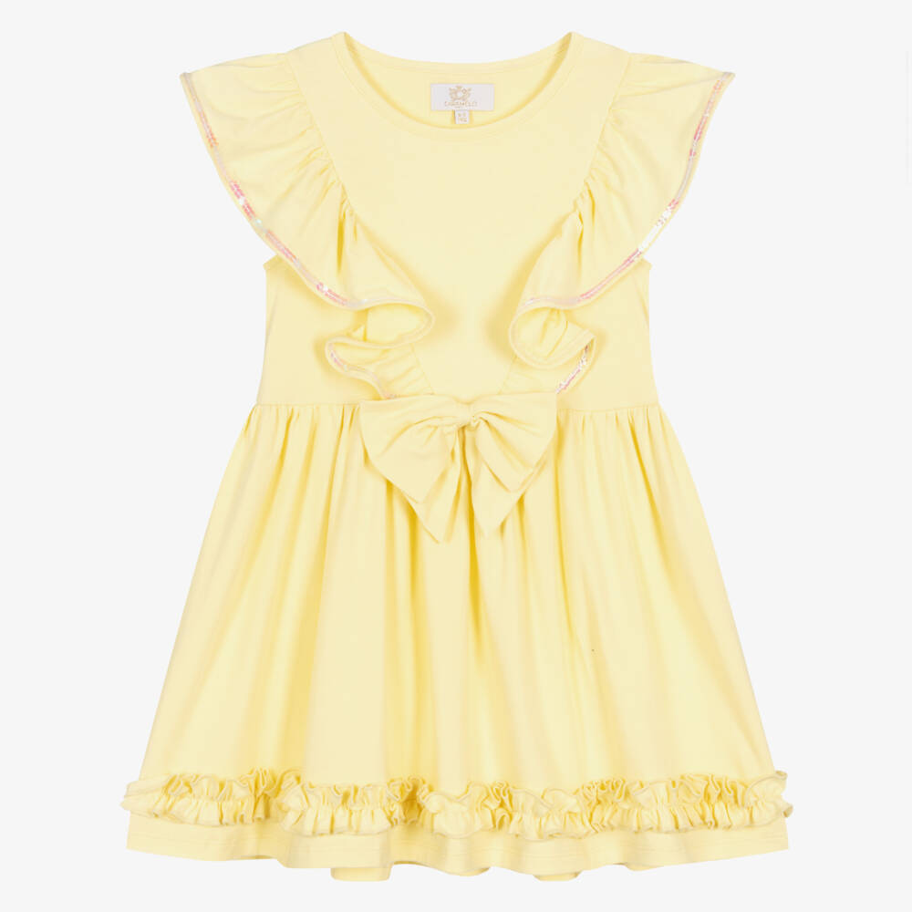 Caramelo Kids-Girls Yellow Cotton Jersey Dress with Sequin Ruffle Trim | Childrensalon