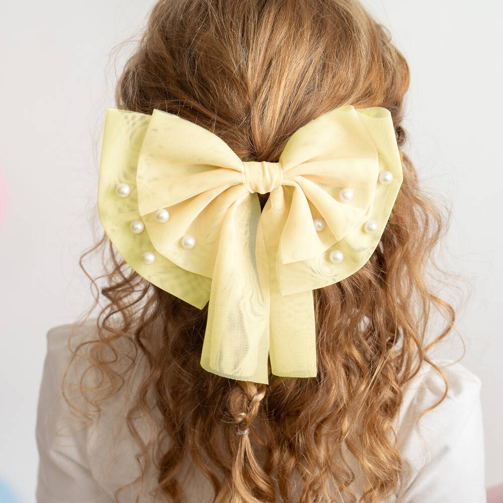 Caramelo Kids-Girls Yellow Tulle Bow Hair Clip with Pearl Beads (17cm) | Childrensalon
