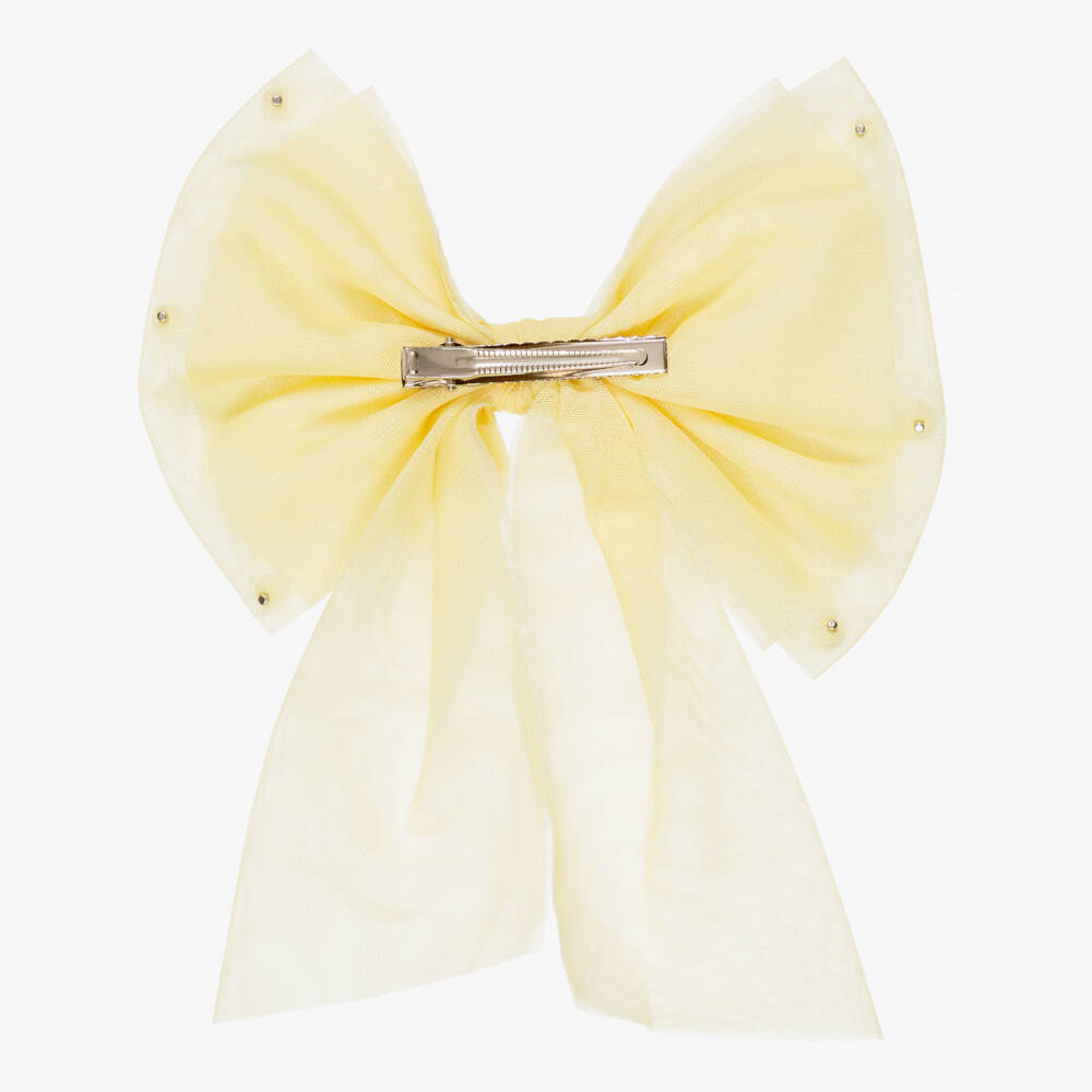 Caramelo Kids-Girls Yellow Tulle Bow Hair Clip with Pearl Beads (17cm) | Childrensalon