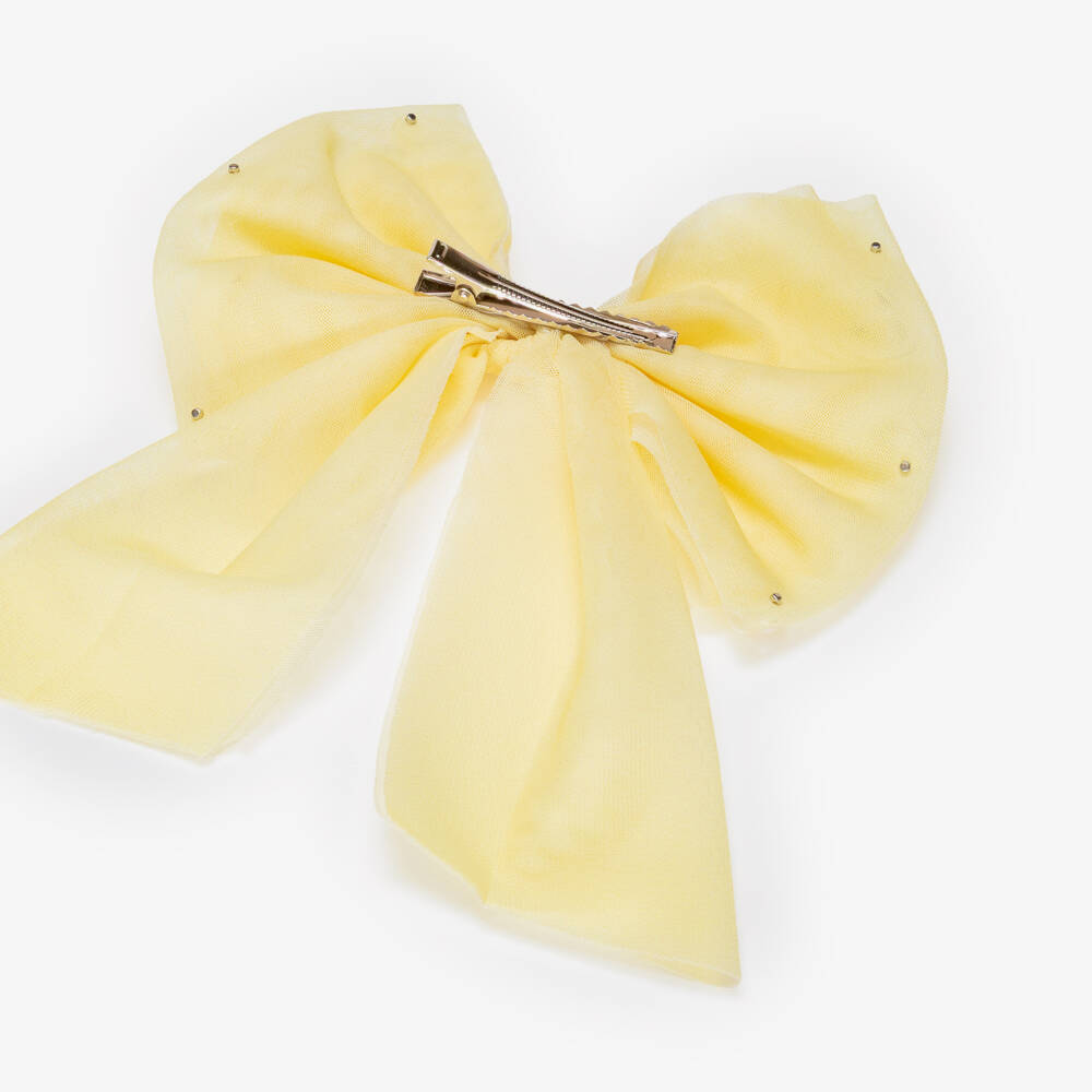 Caramelo Kids-Girls Yellow Tulle Bow Hair Clip with Pearl Beads (17cm) | Childrensalon