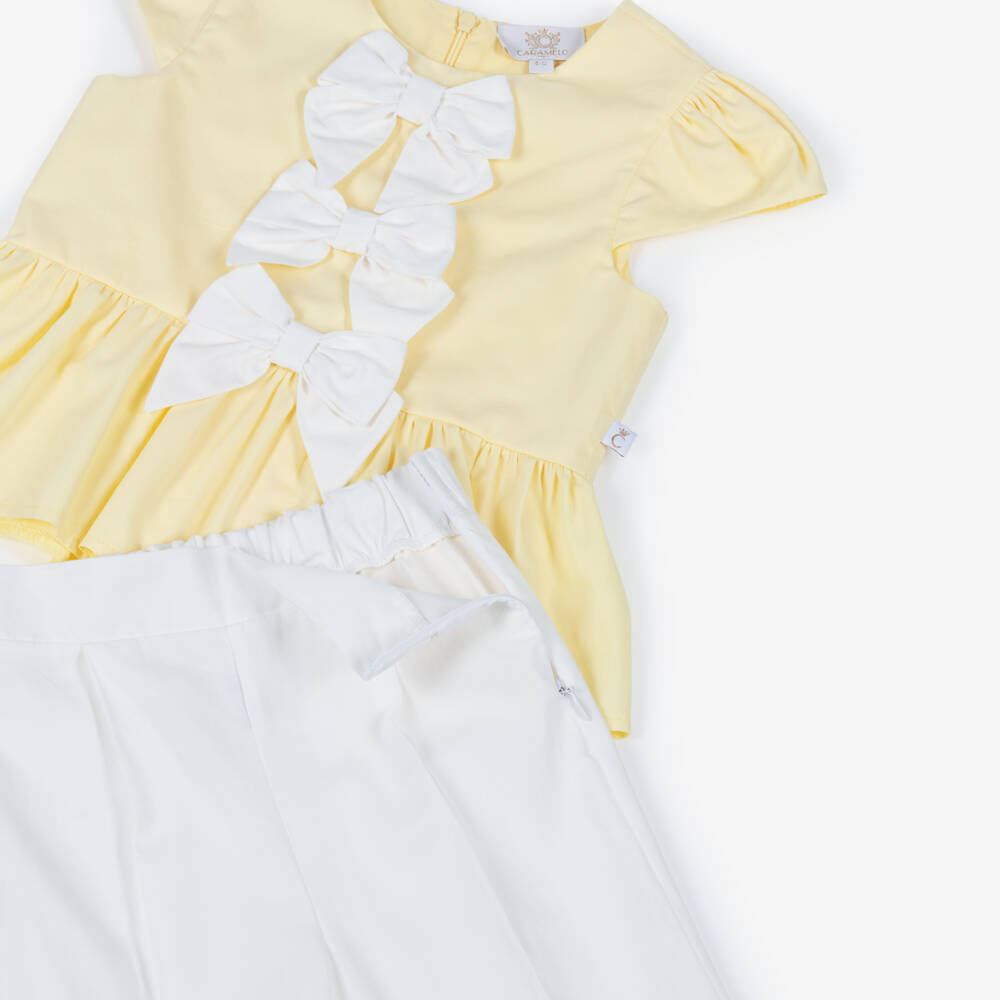 Caramelo Kids-Girls Yellow & White Trouser Set with Bow Hair Clip | Childrensalon