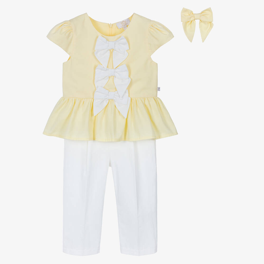 Caramelo Kids-Girls Yellow & White Trouser Set with Bow Hair Clip | Childrensalon
