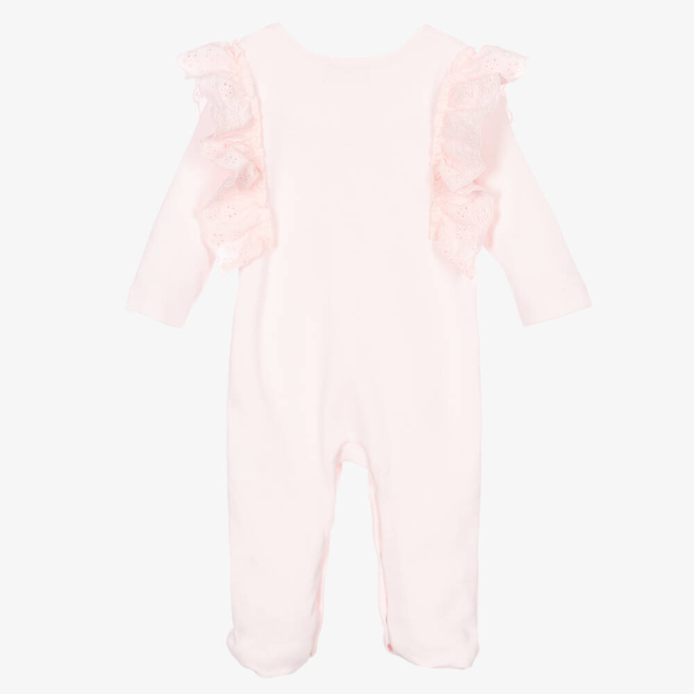 Caramelo Kids-Pink Cotton Broderie Anglaise Frilled Babygrow | Childrensalon