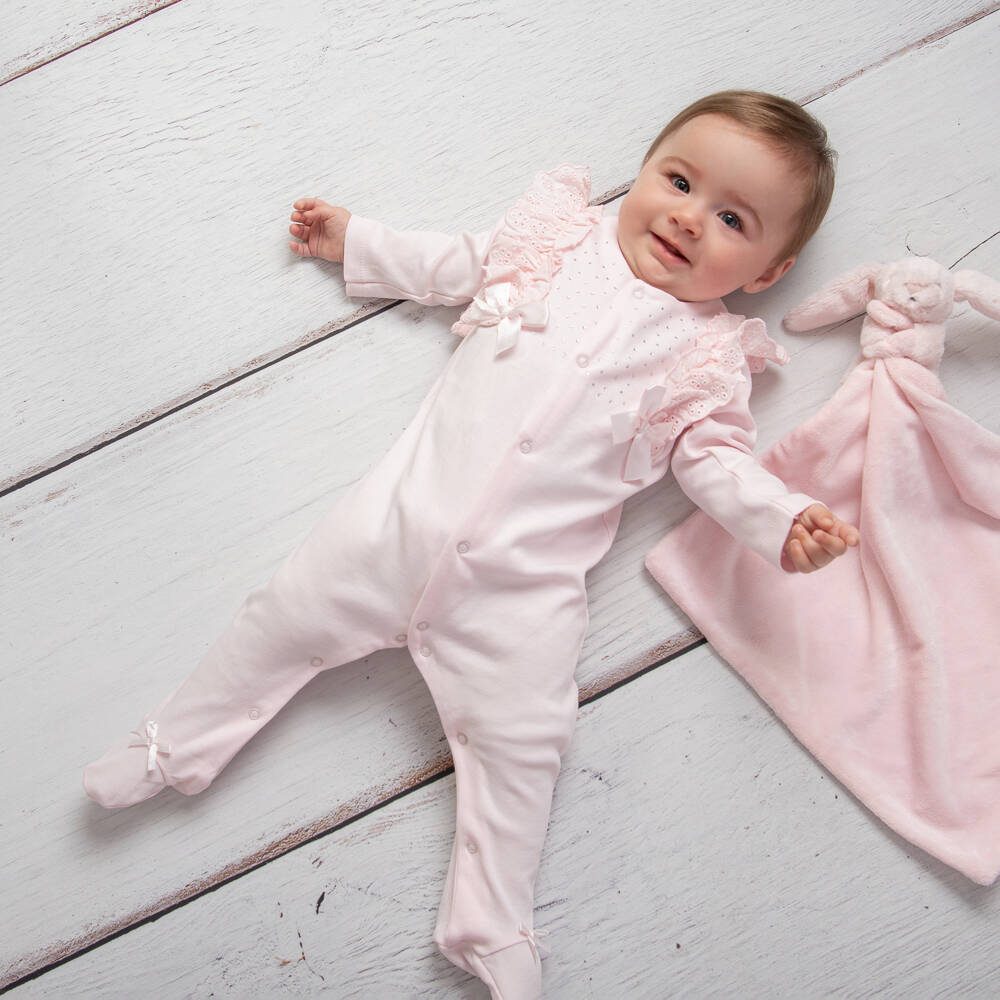 Caramelo Kids-Pink Cotton Broderie Anglaise Frilled Babygrow | Childrensalon