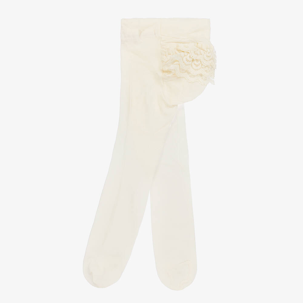 Carlomagno-Baby Girls Ivory Lace Frill Tights | Childrensalon