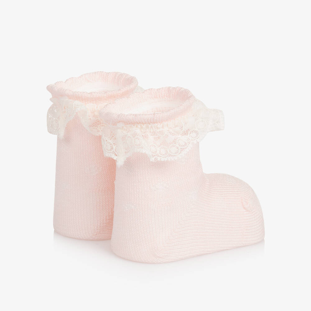 Carlomagno-Baby Girls Pink Cotton Frilly Socks | Childrensalon