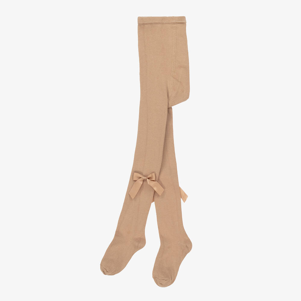 Carlomagno-Girls Beige Cotton Bow Tights  | Childrensalon