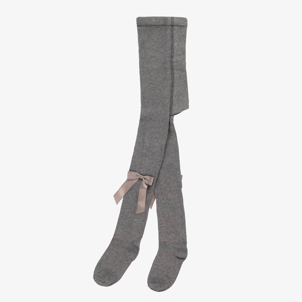 Carlomagno-Girls Grey Cotton Bow Tights  | Childrensalon