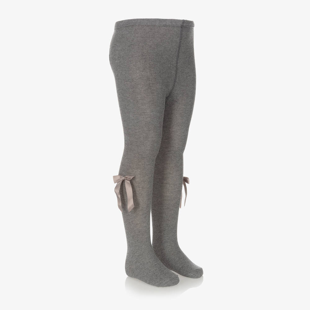 Carlomagno-Girls Grey Cotton Bow Tights  | Childrensalon