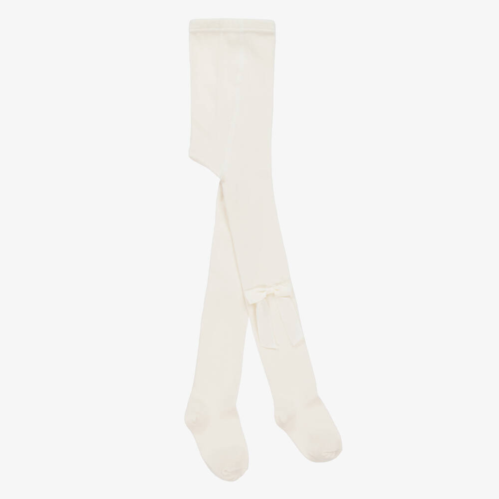 Carlomagno-Girls Ivory Cotton Bow Tights | Childrensalon