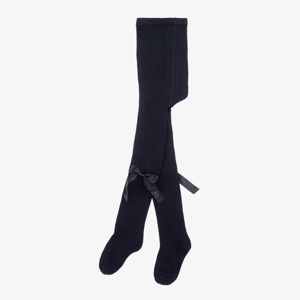 Carlomagno-Girls Navy Blue Cotton Bow Tights | Childrensalon