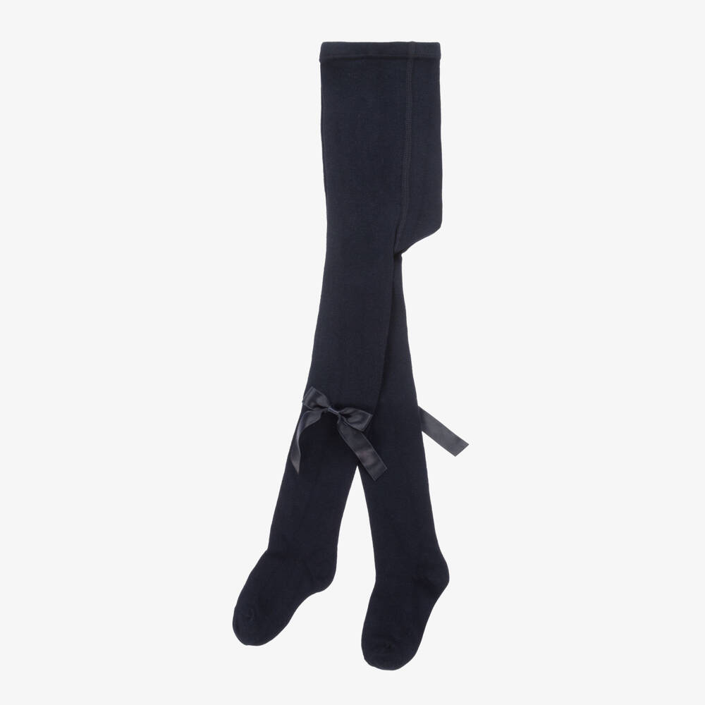 Carlomagno-Girls Navy Blue Cotton Bow Tights | Childrensalon