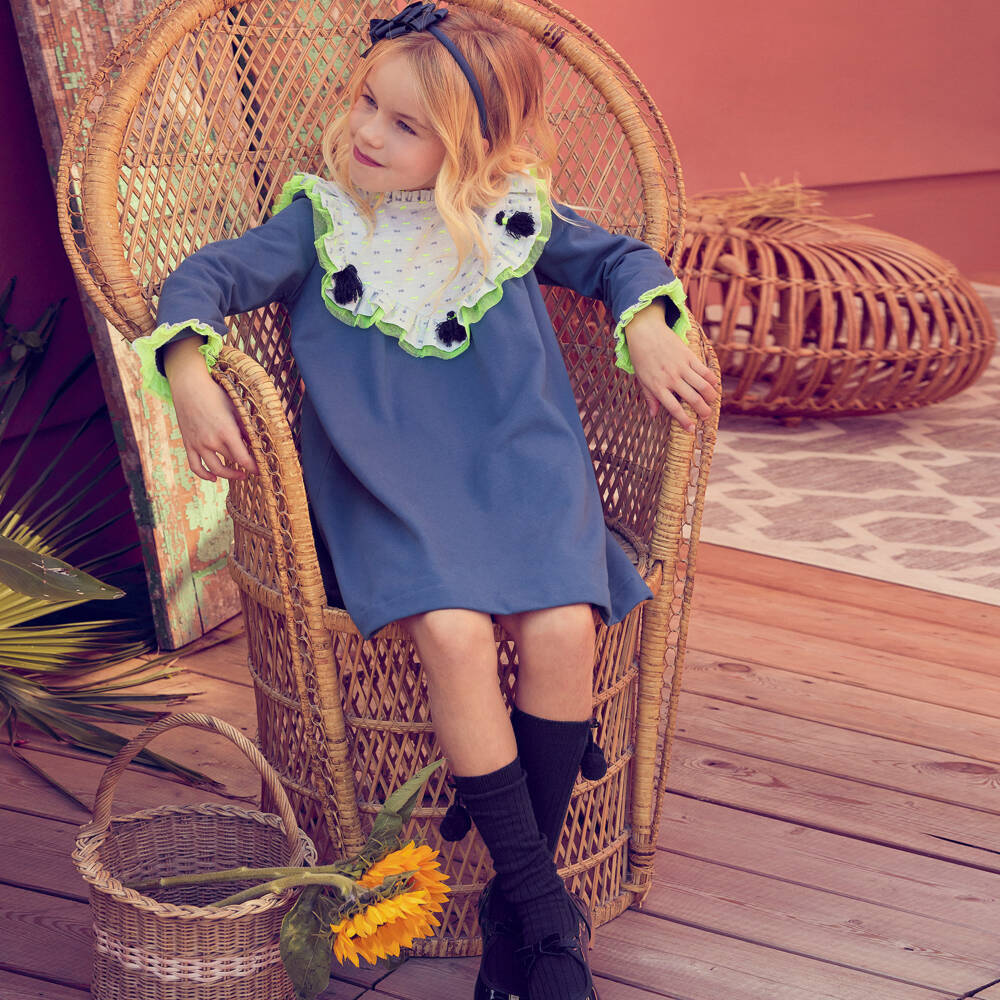 Carlomagno-Girls Navy Blue Knee Length Socks With Pom-Poms | Childrensalon