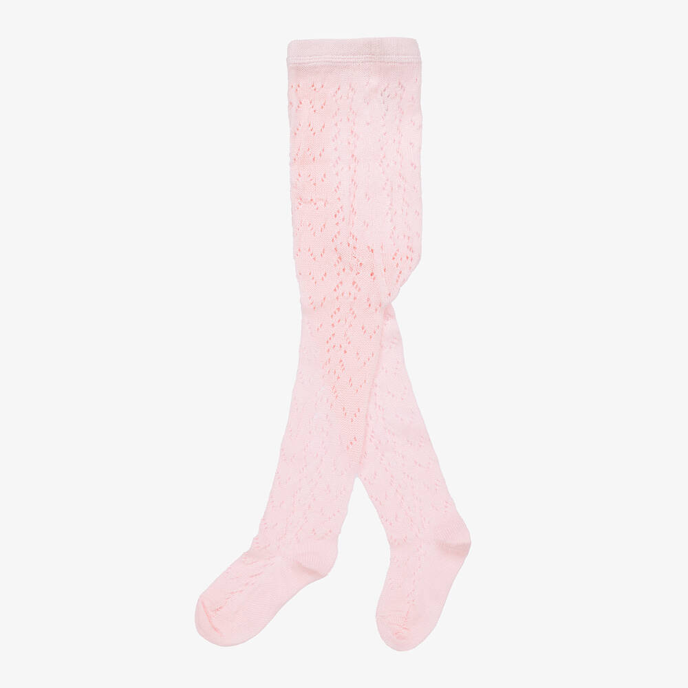 Carlomagno-Girls Pale Pink Cotton Lace Tights | Childrensalon