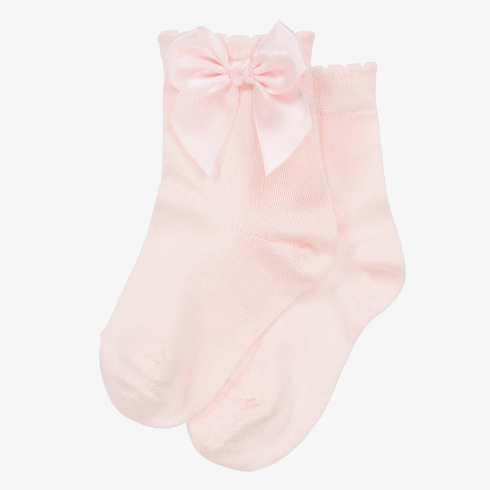 Carlomagno-Girls Pale Pink Cotton Socks With Satin Bow | Childrensalon