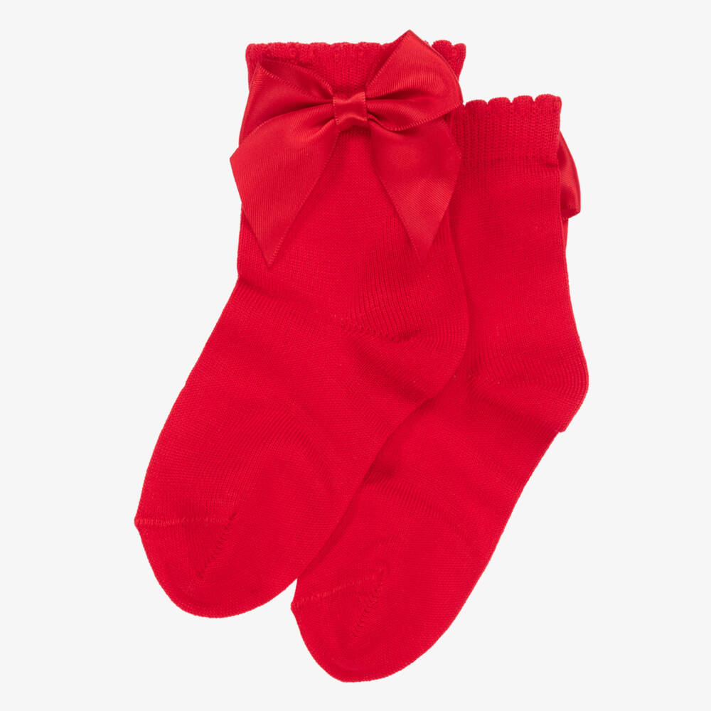 Carlomagno-Girls Red Cotton Socks With Satin Bow | Childrensalon