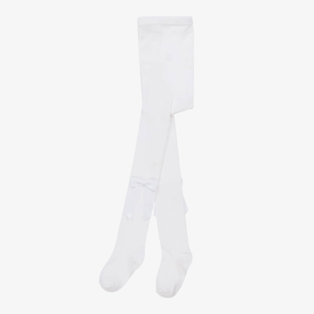 Carlomagno-Girls White Cotton Bow Tights | Childrensalon