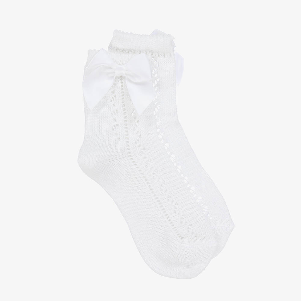 Carlomagno-Girls White Cotton Knit Bow Socks | Childrensalon