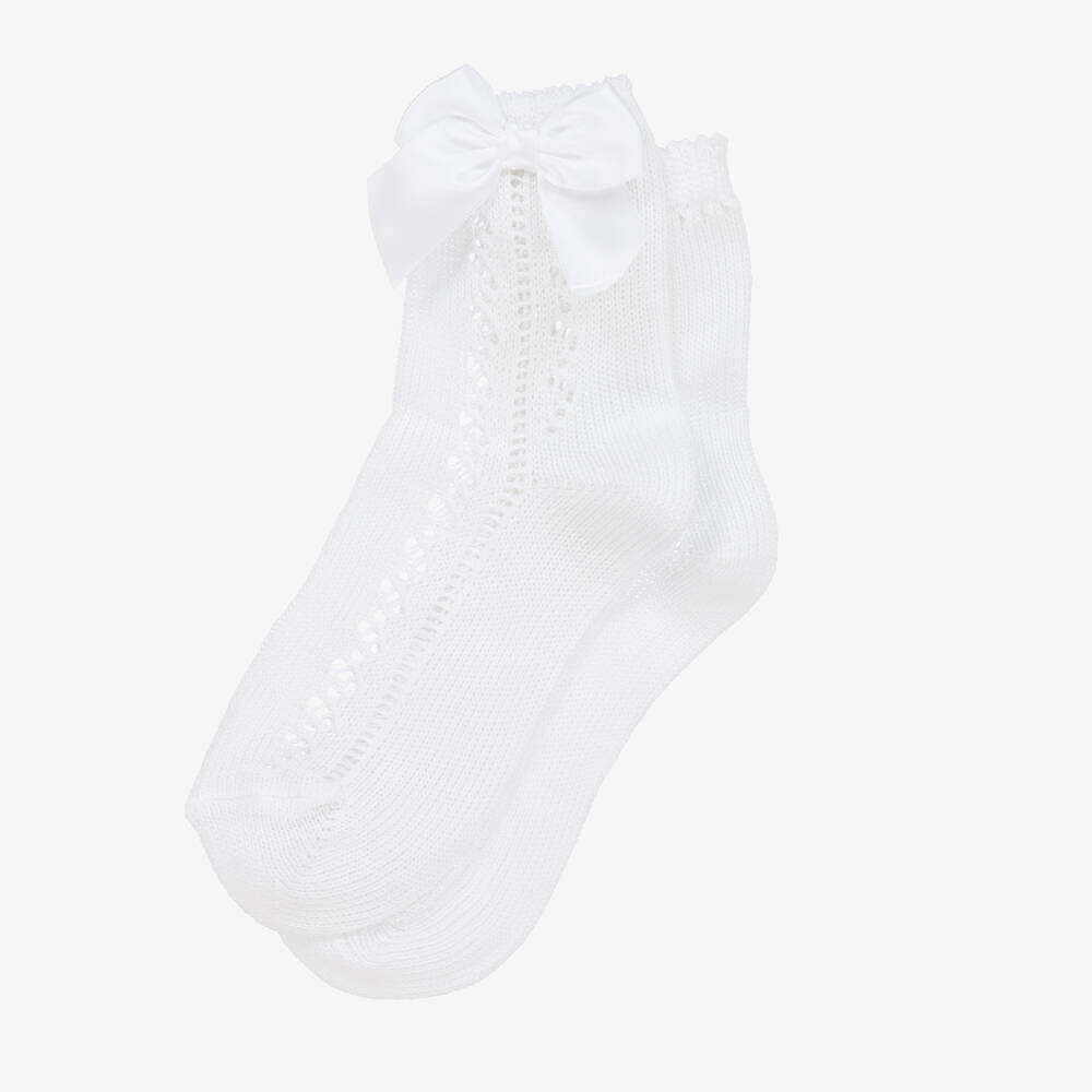 Carlomagno-Girls White Cotton Knit Bow Socks | Childrensalon