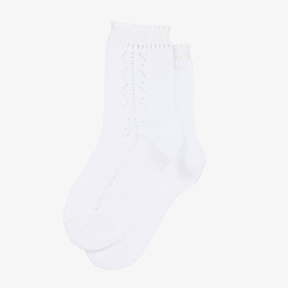 Carlomagno-Girls White Cotton Pointelle Knit Socks | Childrensalon
