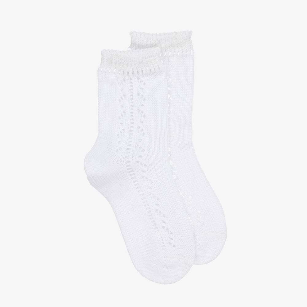 Carlomagno-Girls White Cotton Pointelle Knit Socks | Childrensalon
