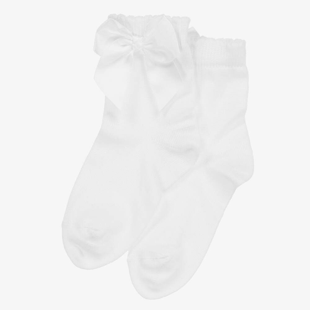 Carlomagno-Girls White Cotton Socks With Satin Bow | Childrensalon
