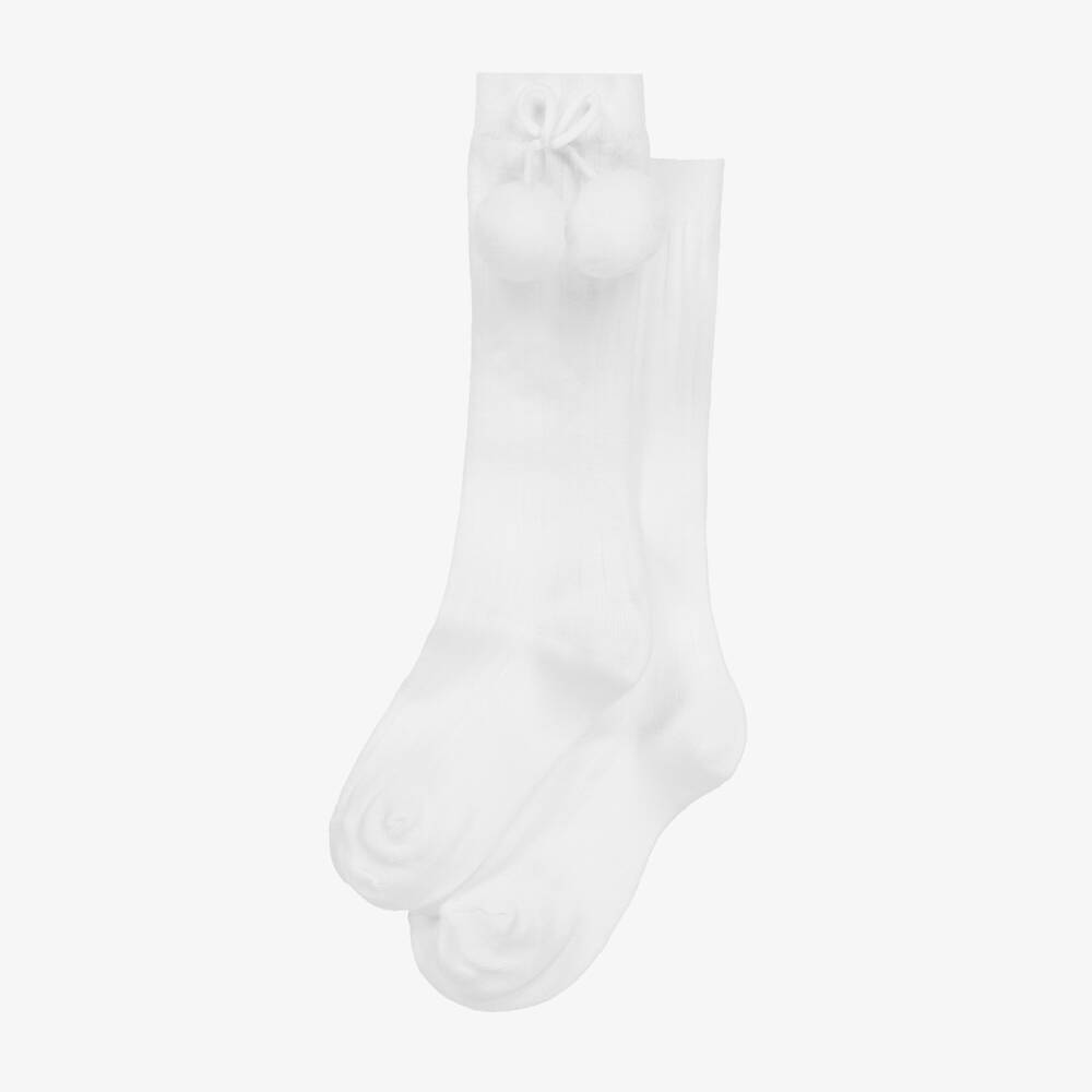 Carlomagno-Girls White Knee Length Socks With Pom-Poms | Childrensalon