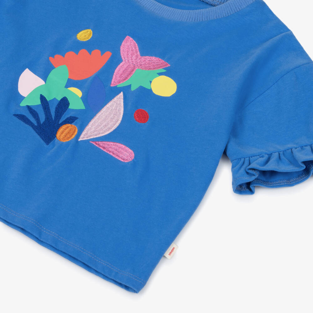Catimini-Girls Blue Cotton T-Shirt with Embroidered Flowers | Childrensalon