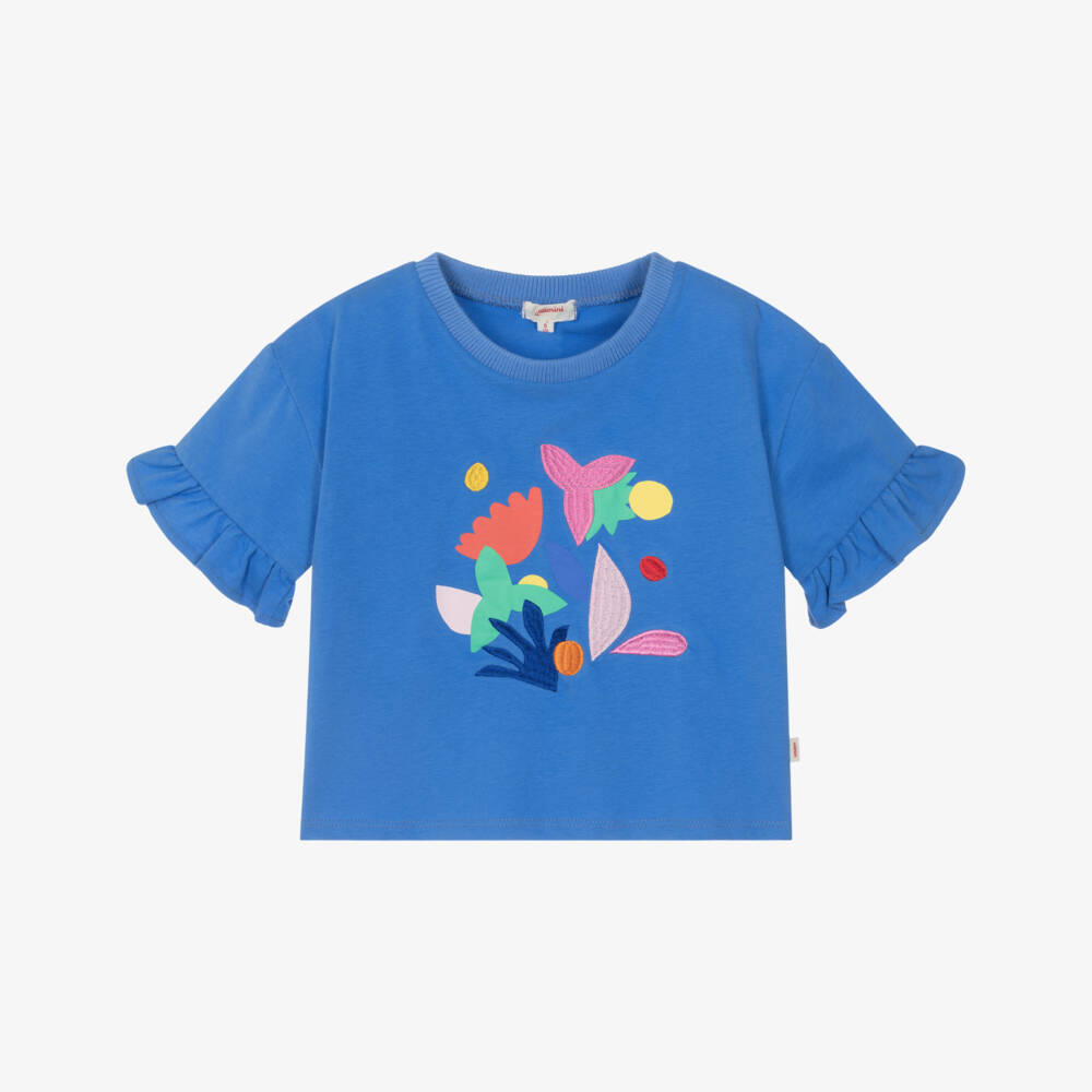 Catimini-Girls Blue Cotton T-Shirt with Embroidered Flowers | Childrensalon
