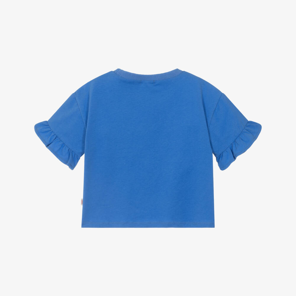 Catimini-Girls Blue Cotton T-Shirt with Embroidered Flowers | Childrensalon