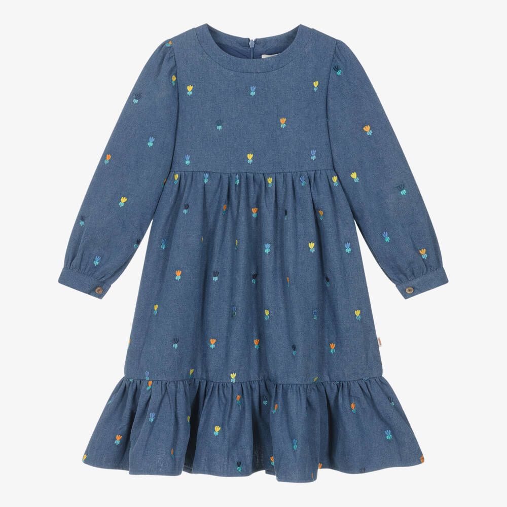 Catimini-Girls Blue Denim Dress with Embroidered Flowers | Childrensalon