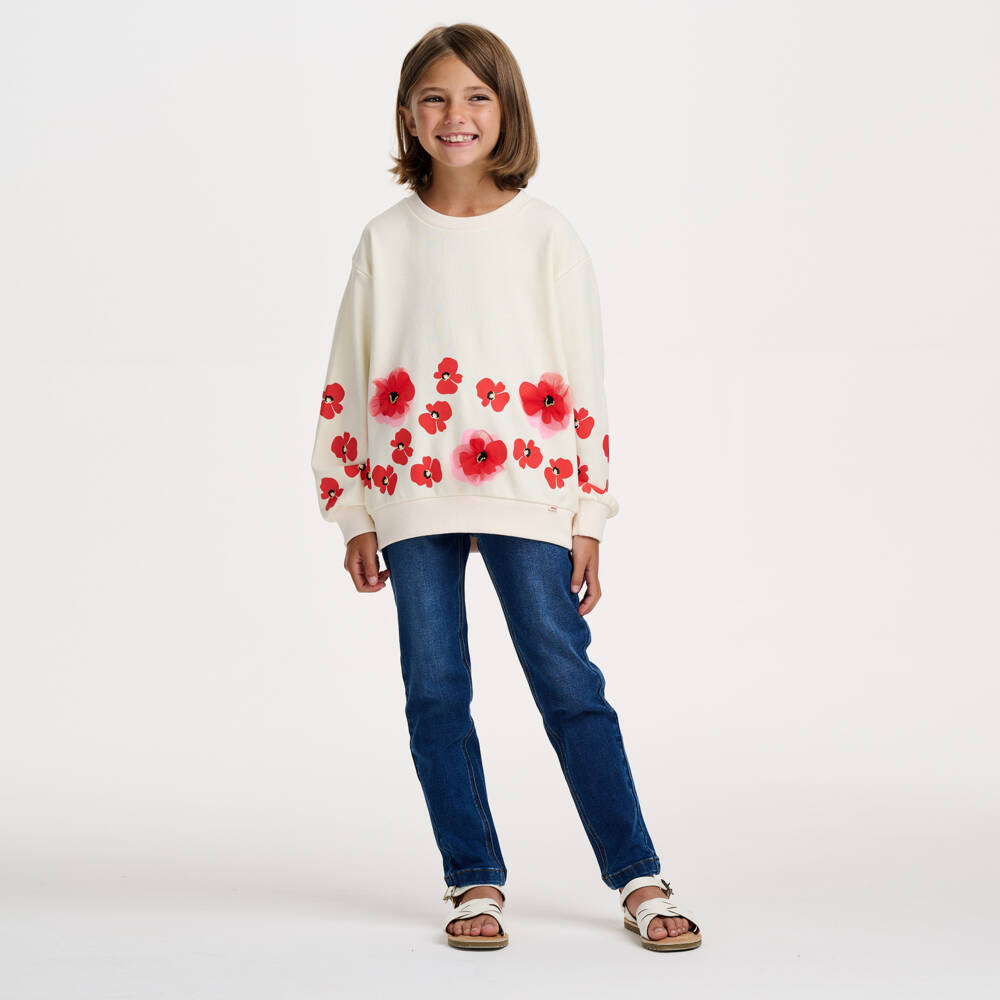 Nautinati Girls' 100% Cotton Regular Fit Distressed Jeans with Multicolour All-over Heart Embroidery