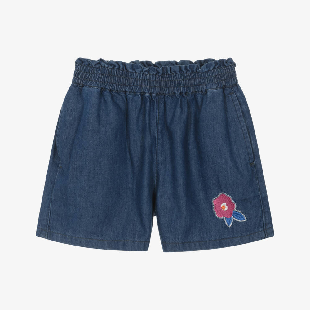 Catimini-Girls Blue Denim Shorts with Embroidered Flower | Childrensalon