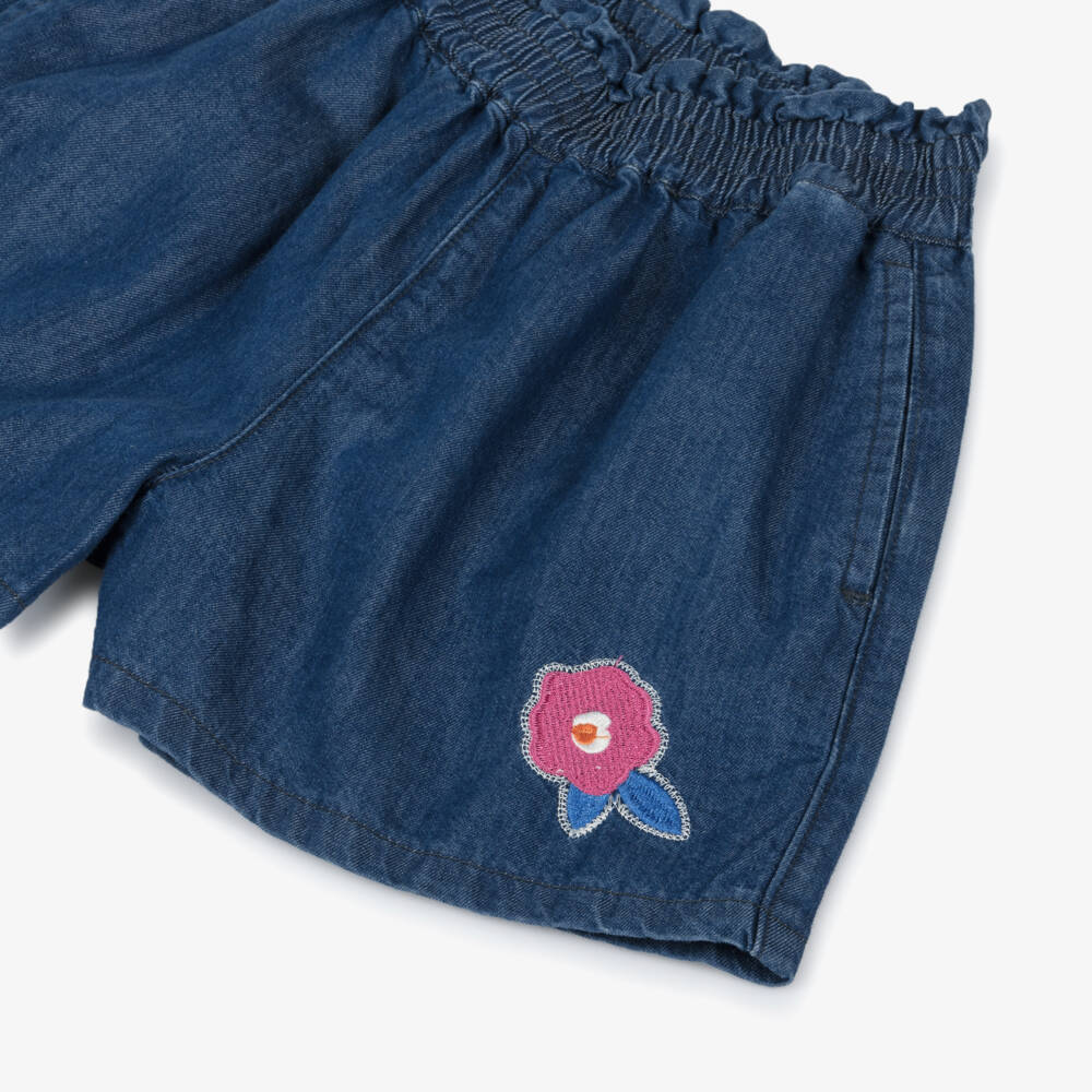 Catimini-Girls Blue Denim Shorts with Embroidered Flower | Childrensalon