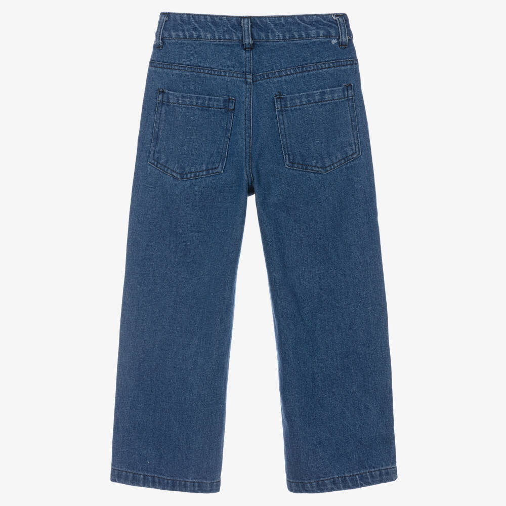 Catimini-Girls Blue Denim Wide-Leg Jeans with Floral Appliqués | Childrensalon