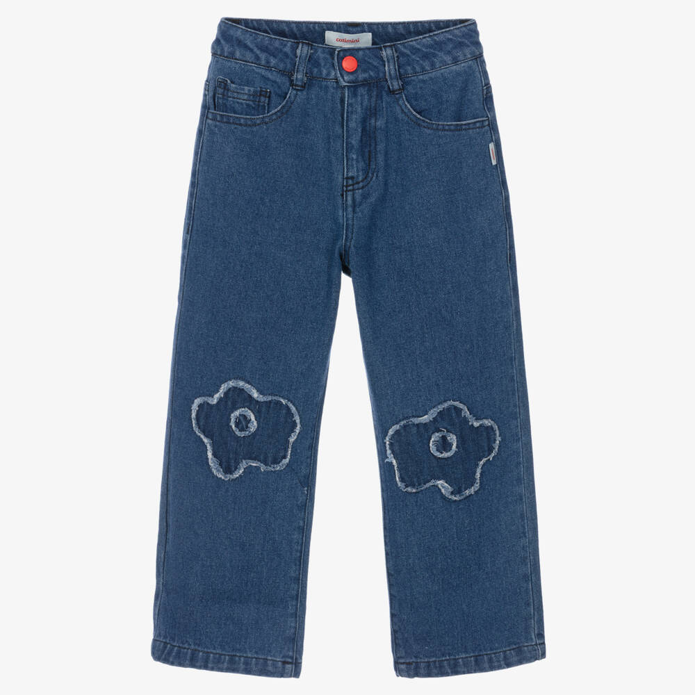 Catimini-Girls Blue Denim Wide-Leg Jeans with Floral Appliqués | Childrensalon