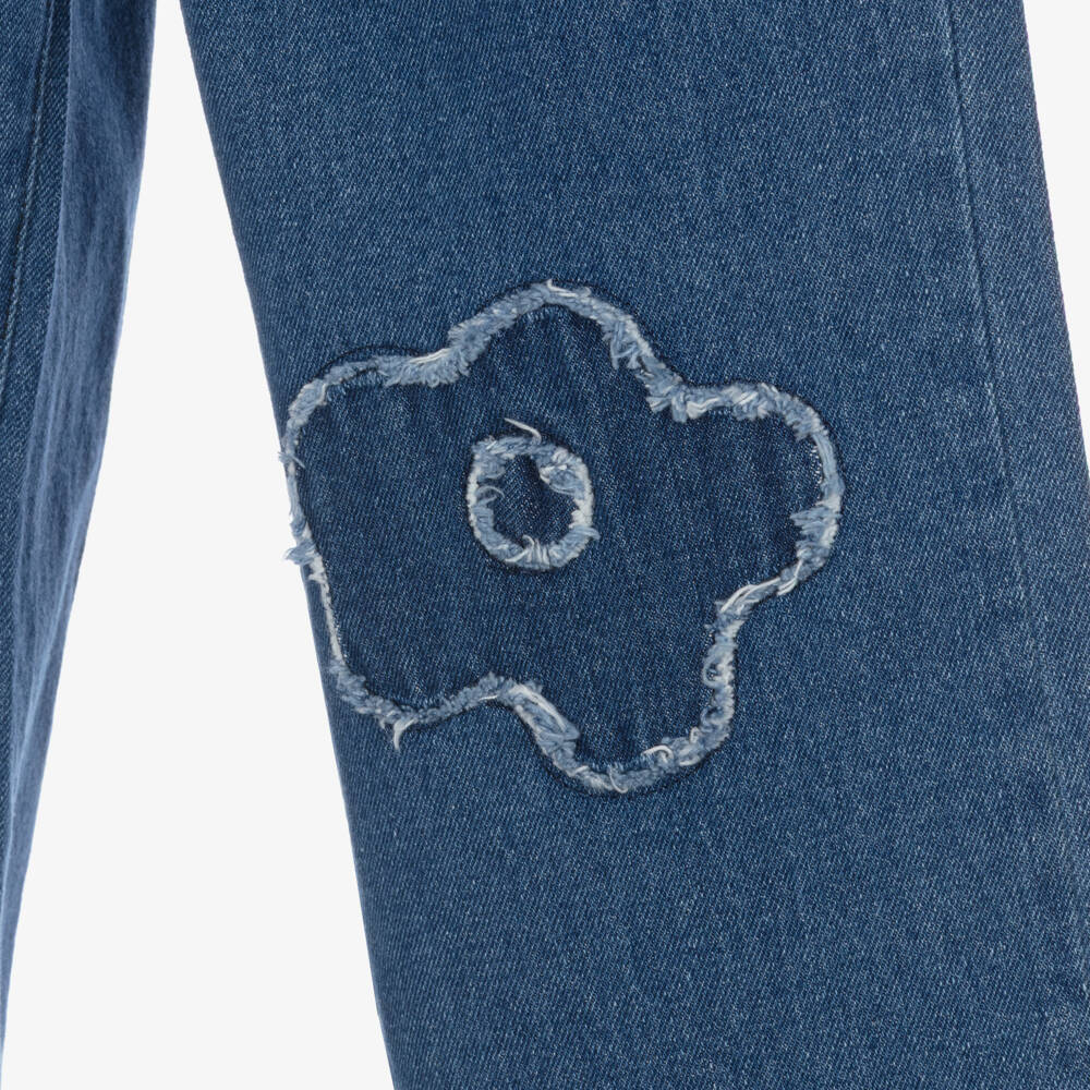 Catimini-Girls Blue Denim Wide-Leg Jeans with Floral Appliqués | Childrensalon