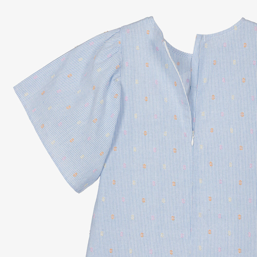 Catimini-Girls Blue Stripe Cotton Dress with Plumetis & Embroidery | Childrensalon