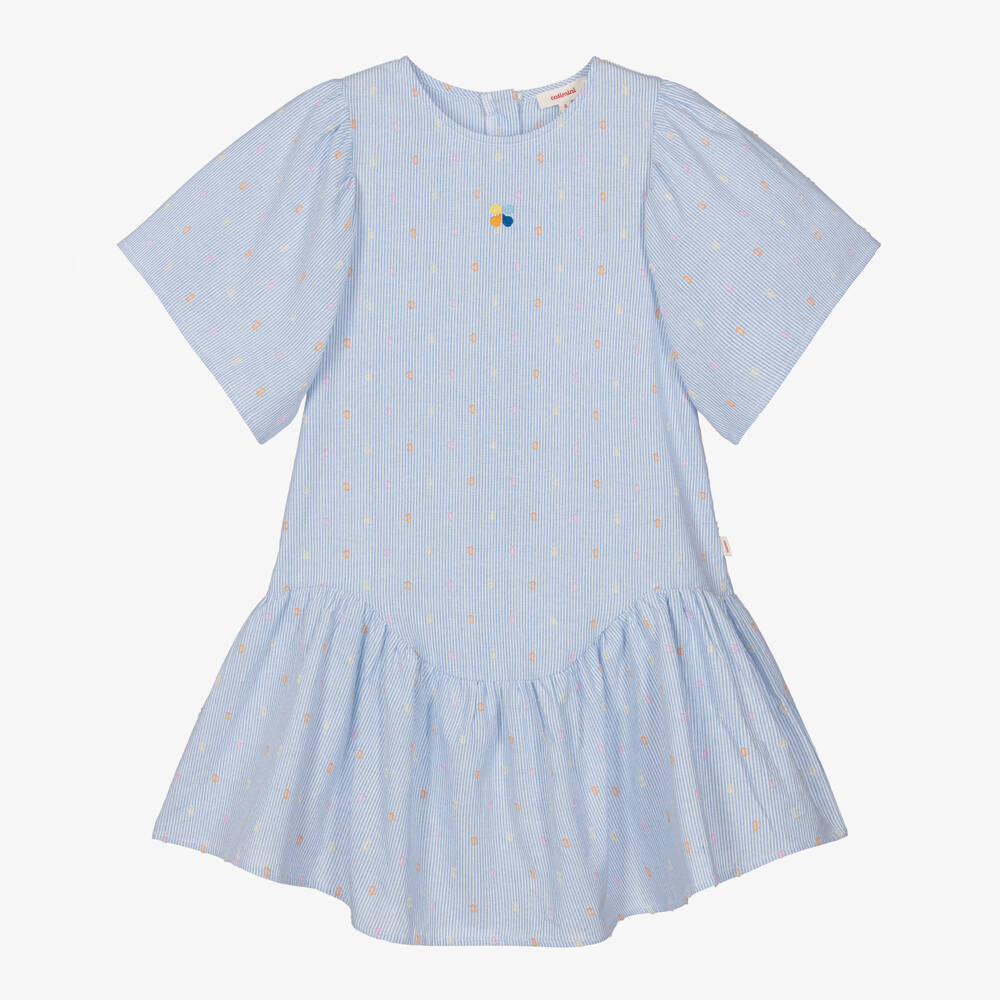 Catimini-Girls Blue Stripe Cotton Dress with Plumetis & Embroidery | Childrensalon