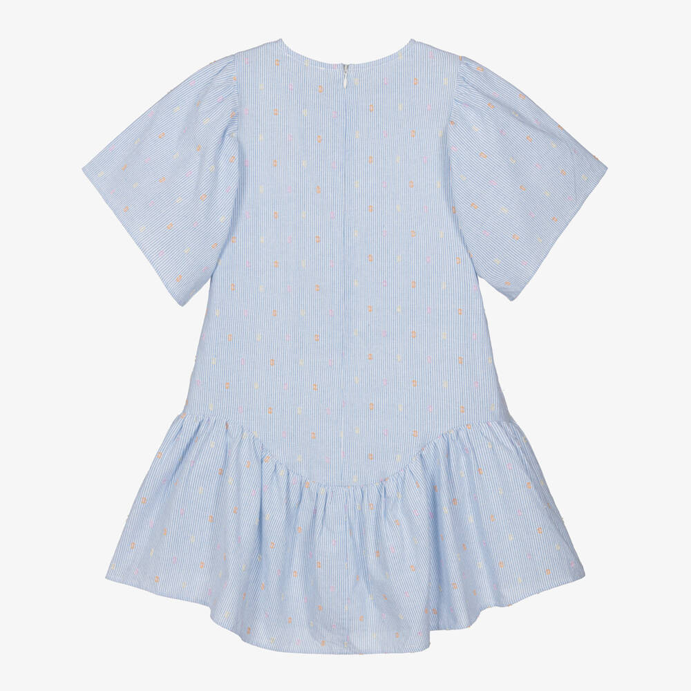 Catimini-Girls Blue Stripe Cotton Dress with Plumetis & Embroidery | Childrensalon