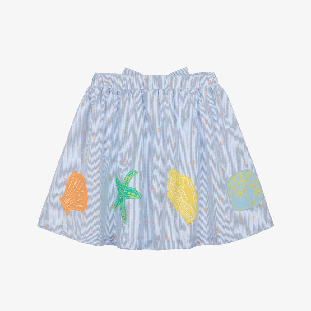 Catimini-Girls Blue Stripe Cotton Skirt with Sea Shell Appliqués | Childrensalon