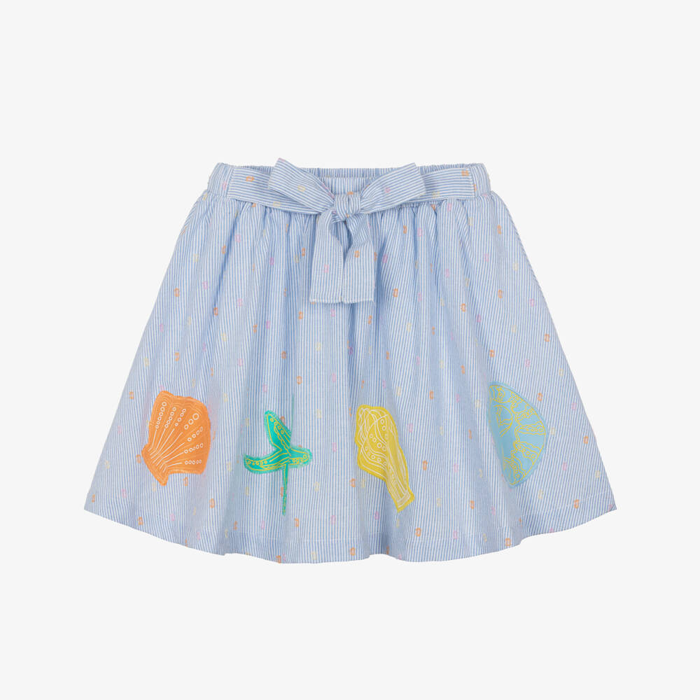 Catimini-Girls Blue Stripe Cotton Skirt with Sea Shell Appliqués | Childrensalon