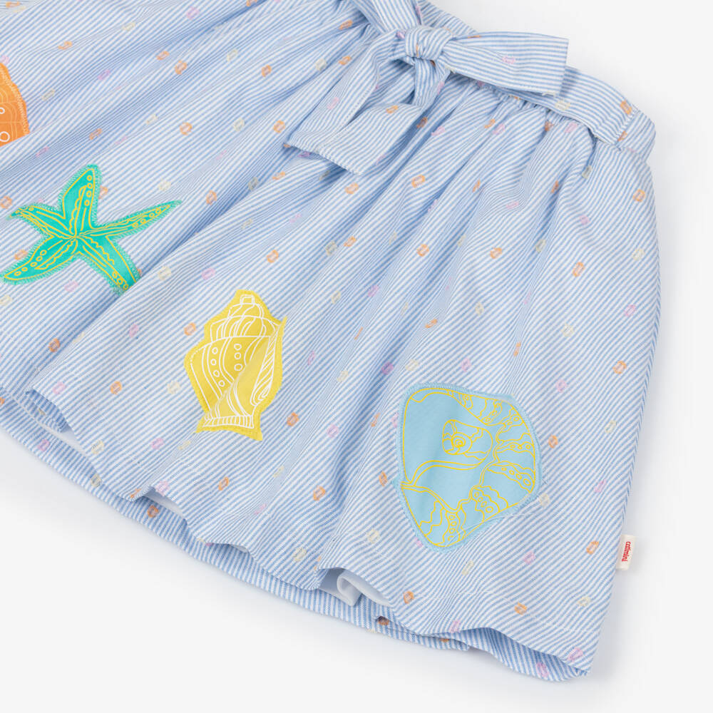 Catimini-Girls Blue Stripe Cotton Skirt with Sea Shell Appliqués | Childrensalon