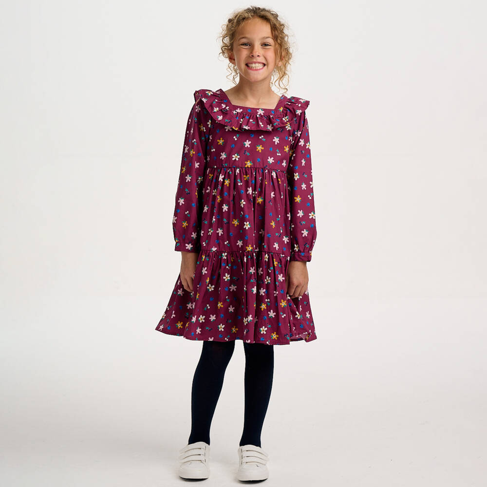 Catimini-Girls Burgundy Floral Long Sleeve Dress | Childrensalon